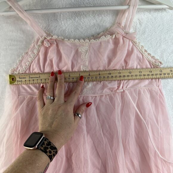 Miss Elaine Small Vtg Pastel Pink Chiffon Short Babydoll Pegnoir Sheer Negligee - Picture 9 of 11